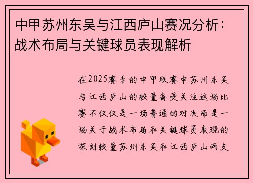 中甲苏州东吴与江西庐山赛况分析：战术布局与关键球员表现解析
