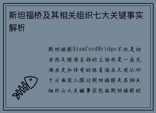 斯坦福桥及其相关组织七大关键事实解析 斯坦福桥及其相关组织七大关键事实解析