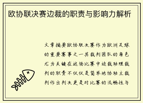 欧协联决赛边裁的职责与影响力解析