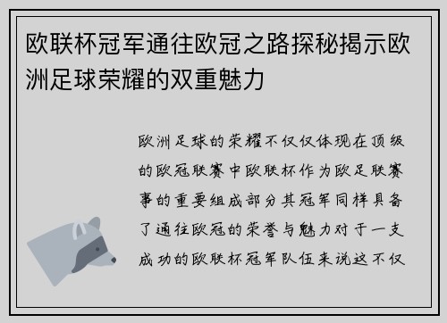 欧联杯冠军通往欧冠之路探秘揭示欧洲足球荣耀的双重魅力 欧联杯冠军通往欧冠之路探秘揭示欧洲足球荣耀的双重魅力